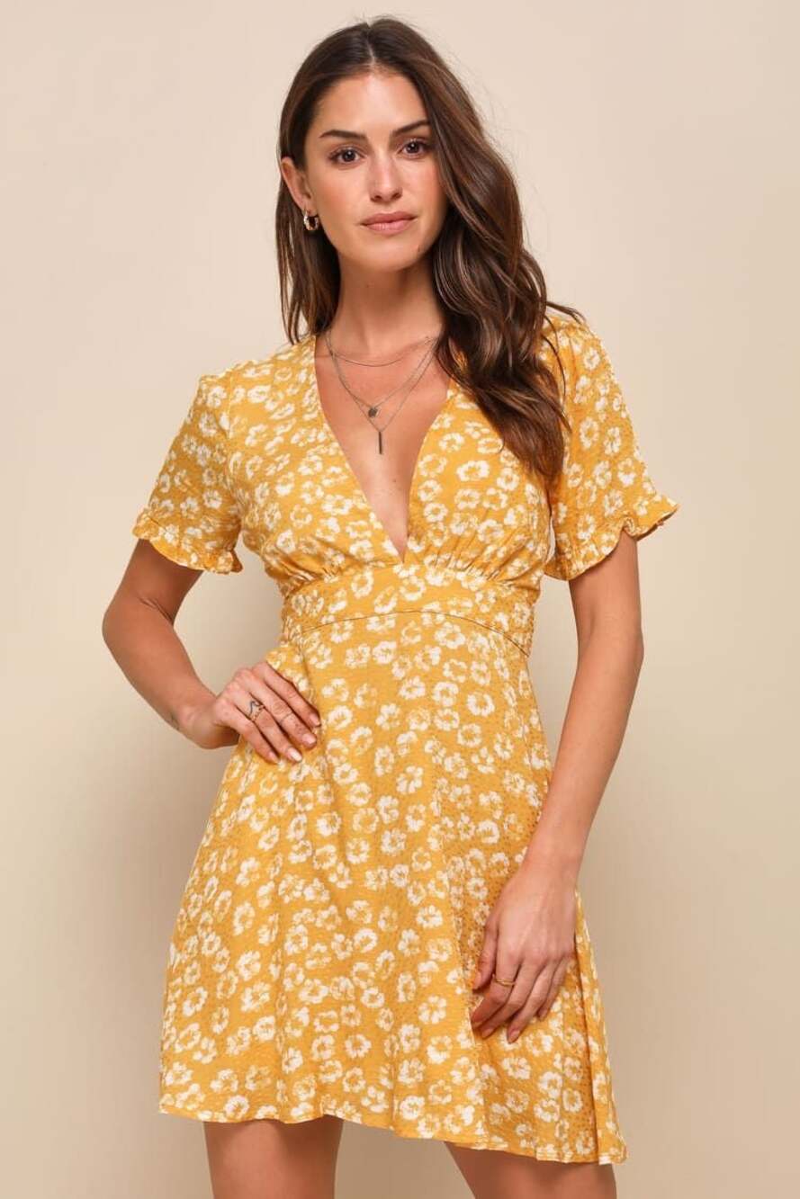 Lulus Yellow Floral Print Mini Dress Size M